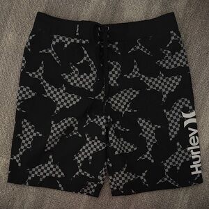 Hurley Kids Black and Gray Shark Checker Pattern Swim Trunks